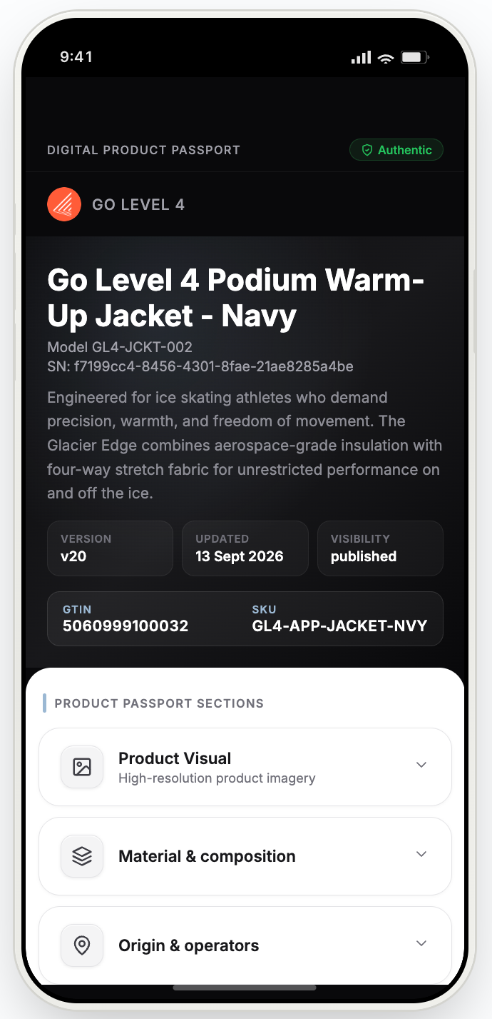 A consumer-facing digital product passport for a jacket, shown on a phone