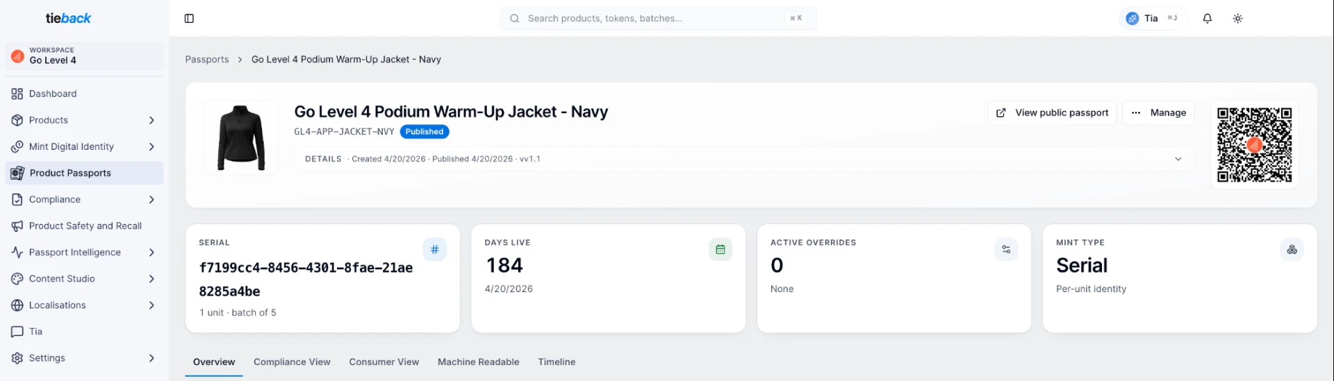 A tieback.io passport record with QR code, serial number and live status