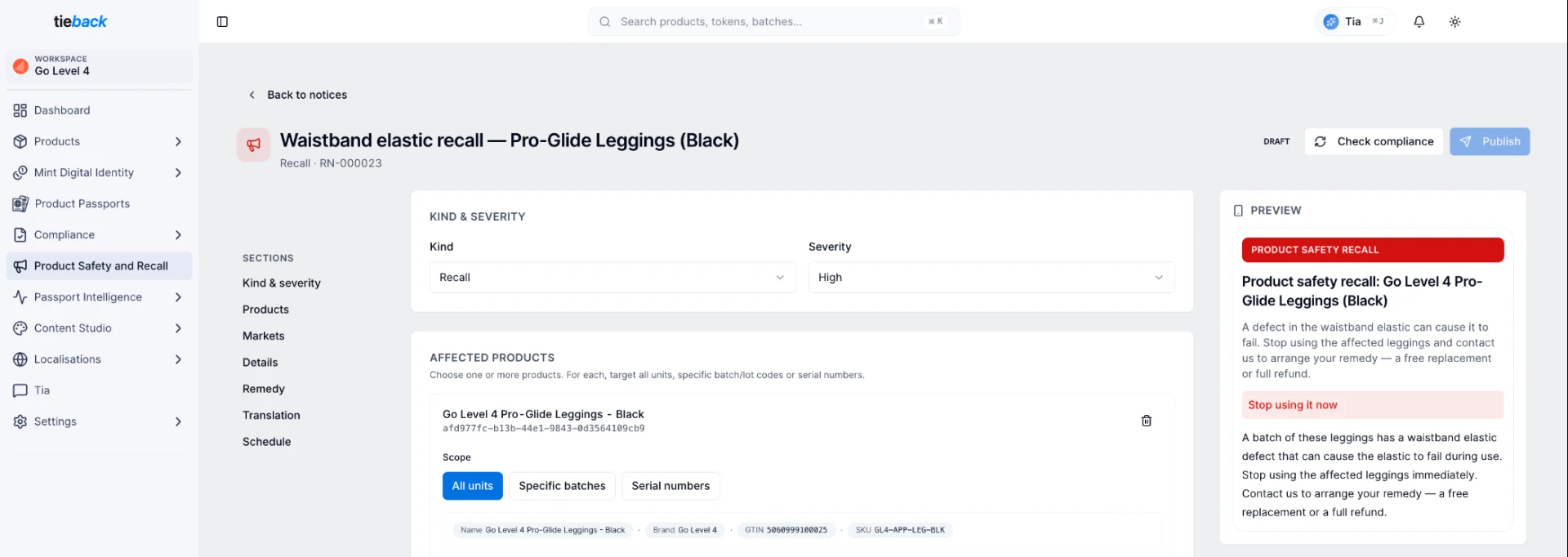 The tieback.io recall editor drafting a product safety recall with a live consumer preview